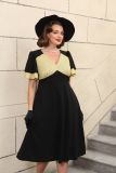 Plus Size Contrast Color Patchwork Ruffle-Sleeve A-Line Black Dress