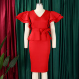 Women elegant ruffled solid bodycon formal party dress