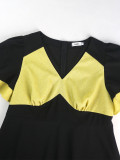 Plus Size Contrast Color Patchwork Ruffle-Sleeve A-Line Black Dress