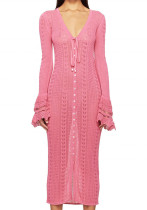 Women's V-Neck Bell-Bottom Sleeve Knitting Dress Women's V-Neck Bell-Bottom Sleeve Knitting Dress