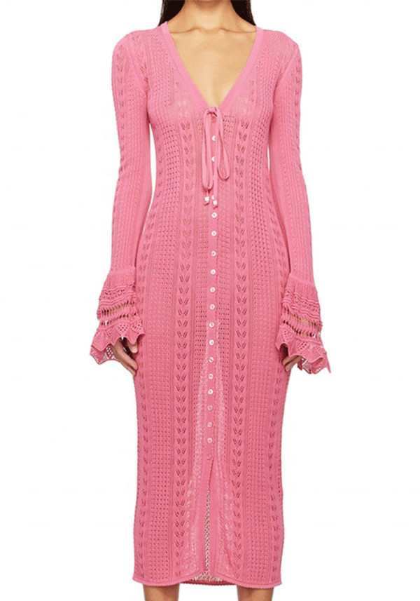Women's V-Neck Bell-Bottom Sleeve Knitting Dress