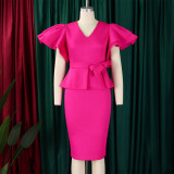 Women elegant ruffled solid bodycon formal party dress