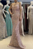 Women clothing V Neck sequins beaded hollow mesh off-shoulder Formal Party evening dress