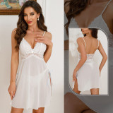 Women lace strap pearl see-through slit nightdress
