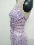 Women clothing V Neck sequins beaded hollow mesh off-shoulder Formal Party evening dress