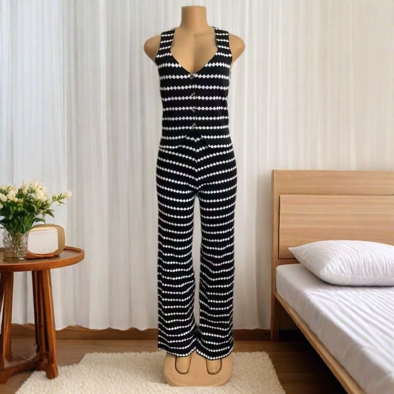 Women knitting casual summer striped top and long pants two-piece set