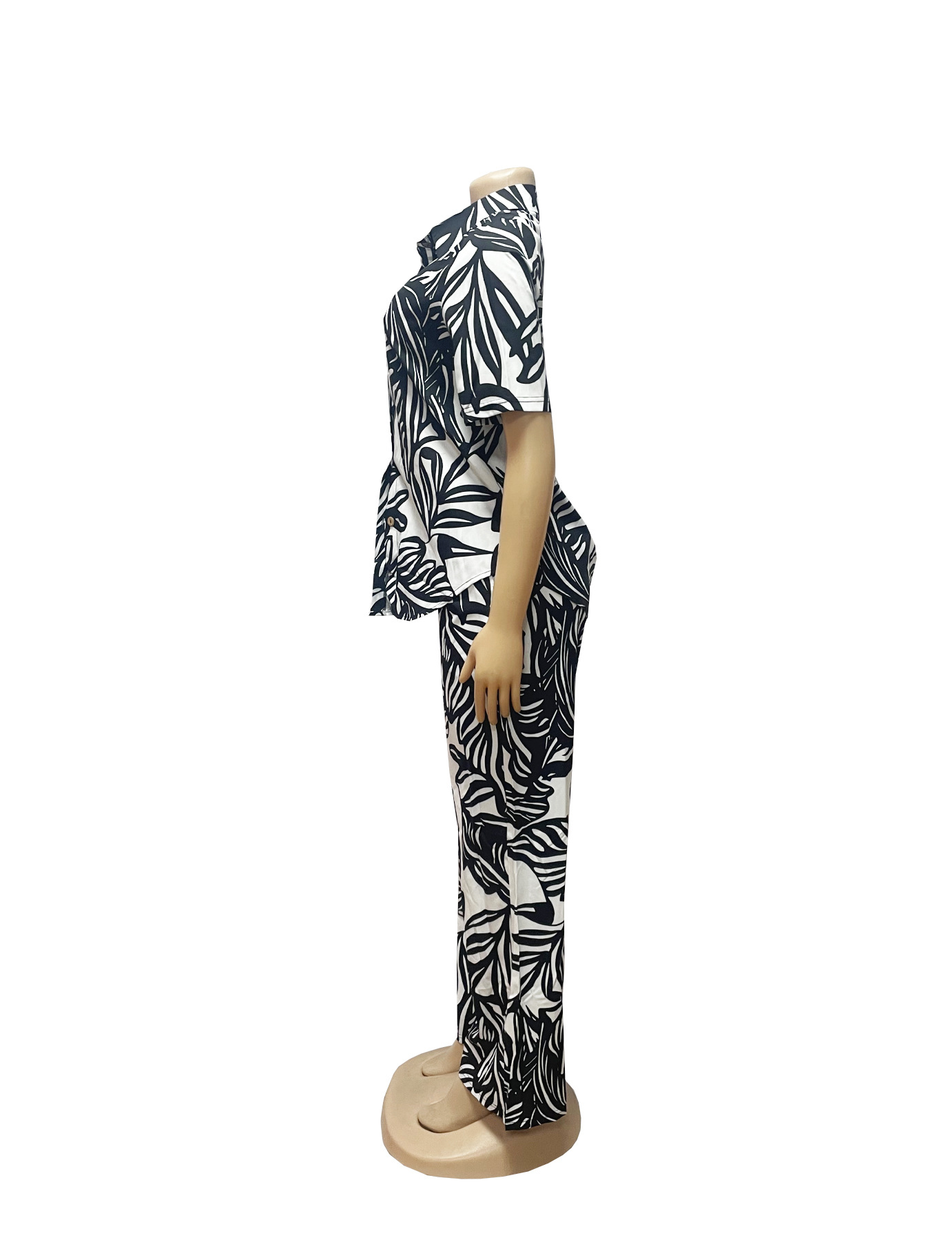 Women Summer Printed Turndown Collar Short Sleeve Top and Wide Leg Pants Two-piece Set