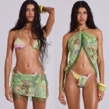 Spring/Summer  Halter-Neck Flower Sequin Lace-up Bikini & Skirt Set