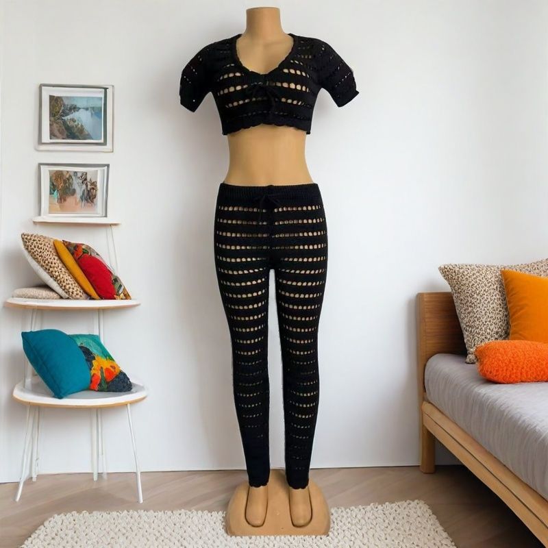 Women summer round neck casual sleeveless knitting top and pant two-piece set