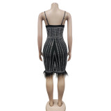 Women's Fashionable Sleeveless Beaded Feather Strap Club Dress