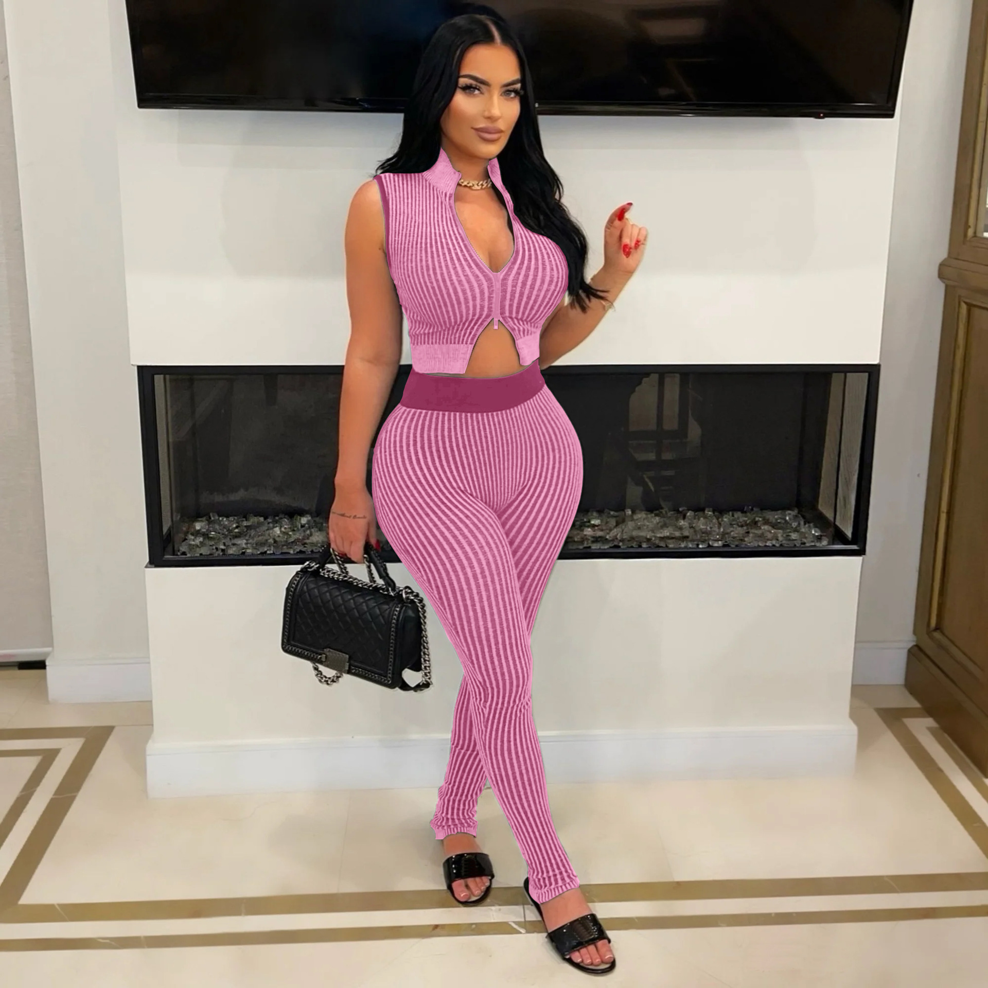 Women's Casual Sexy Knitting sleeveless Crop top High Waist Pants Two-piece Set