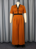 Plus Size V-Neck Pleated Color-Matching Slim Waist Elegant Wide-Leg Jumpsuit