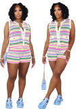 Casual Multi-Color Striped Knitting Sleeveless Two Piece Shorts Set