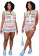 Casual Multi-Color Striped Knitting Sleeveless Two Piece Shorts Set