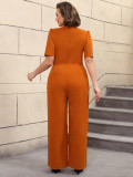 Plus Size V-Neck Pleated Color-Matching Slim Waist Elegant Wide-Leg Jumpsuit