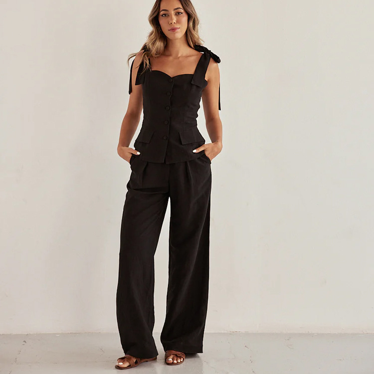 Spring/Summer Fashionable Strap High-Waist Wide-Leg Two-Piece Pants Set