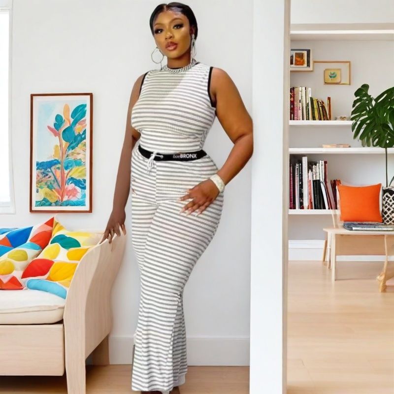 Women striped knitting tank top and pants two-piece set