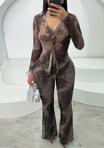 Trendy V-Neck Mesh Sunscreen Long-Sleeve Top Pants Set