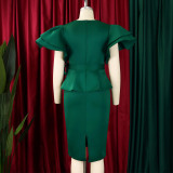 Women elegant ruffled solid bodycon formal party dress