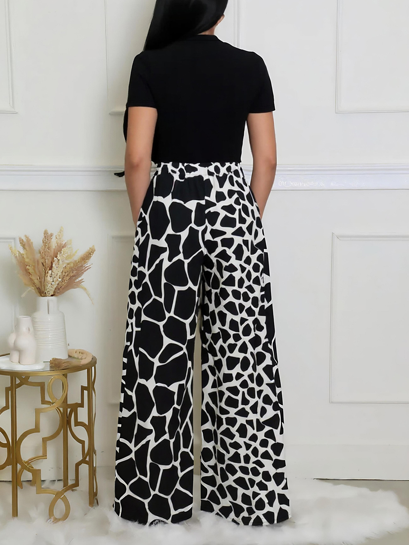 Women's Elegant Round-Neck Short-Sleeve High-Waist A-Line Trousers Casual Two Piece Set