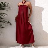 Women French strapless Halter Neck summer solid dress