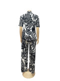 Women Summer Printed Turndown Collar Short Sleeve Top and Wide Leg Pants Two-piece Set