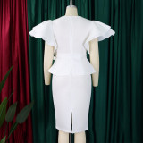 Women elegant ruffled solid bodycon formal party dress