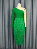 Sexy One-Shoulder Long-Sleeved High-Waist Slim Tassel Formal Party Evening Dress
