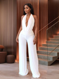 Sexy White Halter-Neck Deep V Top Wide-Leg Pants Two-Piece Set