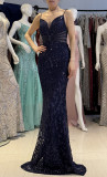 Women clothing V Neck sequins beaded hollow mesh off-shoulder Formal Party evening dress