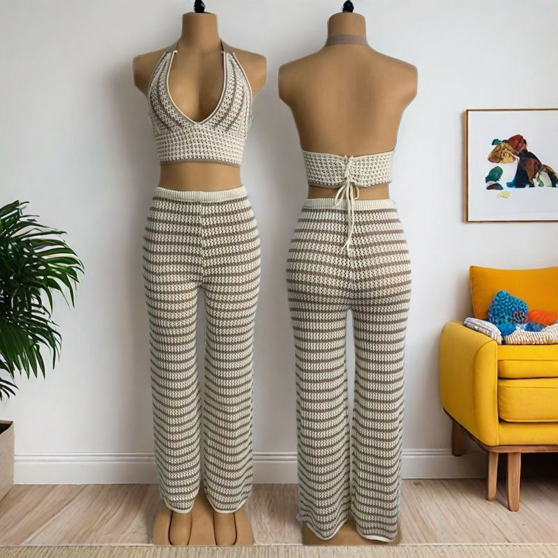 Women summer casual sexy top and trousers two-piece set