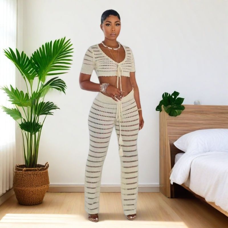 Women summer round neck casual sleeveless knitting top and pant two-piece set