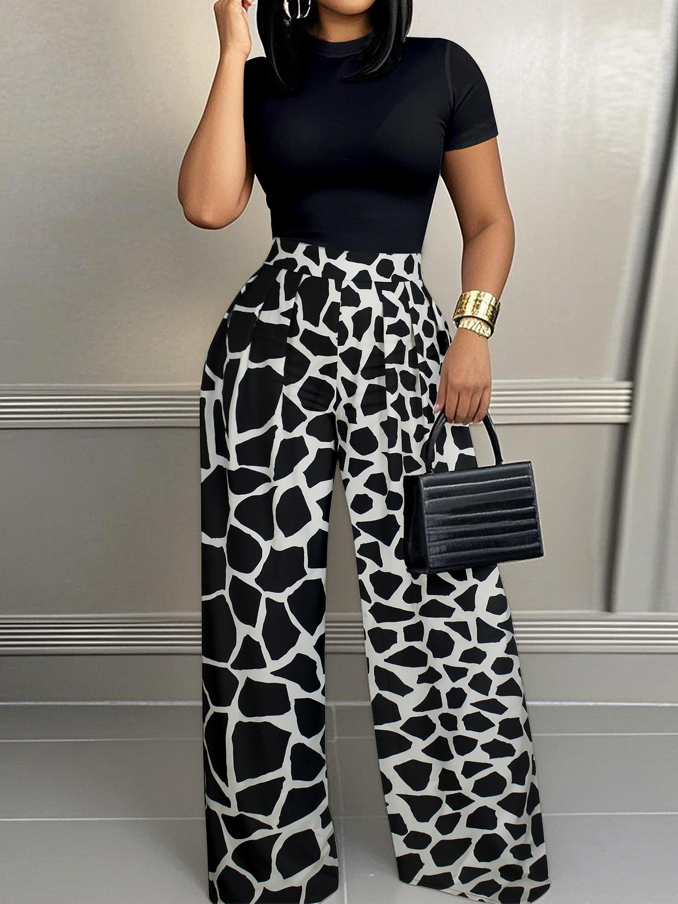 Women's Elegant Round-Neck Short-Sleeve High-Waist A-Line Trousers Casual Two Piece Set