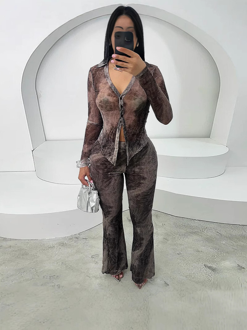 Trendy V-Neck Mesh Sunscreen Long-Sleeve Top Pants Set