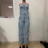 Women's Strapless with Big Pocket Washed Denim Jumpsuit