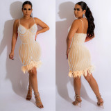 Women's Fashionable Sleeveless Beaded Feather Strap Club Dress