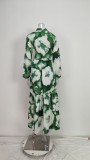 Women Chic Balloon Sleeve Turndown Collar Long Sleeve Dress