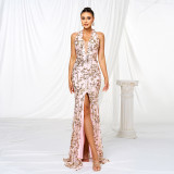 Women v-neck Halter Neck Bodycon sequin Formal Party slit evening dress