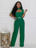 Women Elegant Scarf Short Sleeve Wide Leg Jumpsuit