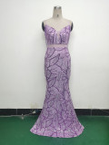 Women beaded cross Lace-Up hollow Patchwork Formal Party evening dress