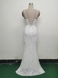 Women beaded cross Lace-Up hollow Patchwork Formal Party evening dress
