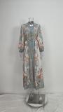 Women Chic Balloon Sleeve Turndown Collar Long Sleeve Dress