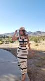 Women striped knitting vest top Contrast color skirt two-piece set