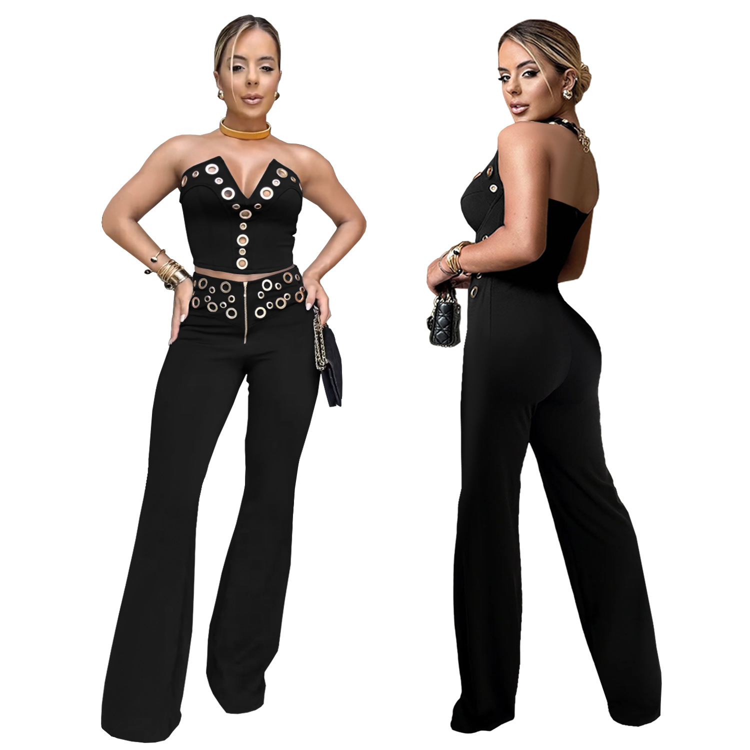 Women's Sexy Strapless Metal Buckle Fashionable Two Piece Pants Set