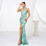 Women v-neck Halter Neck Bodycon sequin Formal Party slit evening dress