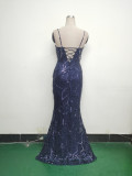 Women beaded cross Lace-Up hollow Patchwork Formal Party evening dress