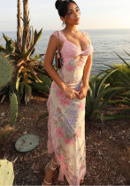 Women summer pink lace shoulder strap Patchwork slit dress