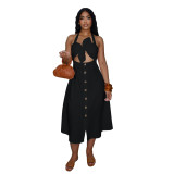 Women Elegant Career Solid Knot Halter Neck Lace-Up Dress