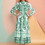 Women Chic Balloon Sleeve Turndown Collar Long Sleeve Dress