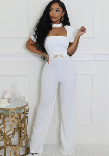 Women Elegant Scarf Short Sleeve Wide Leg Jumpsuit